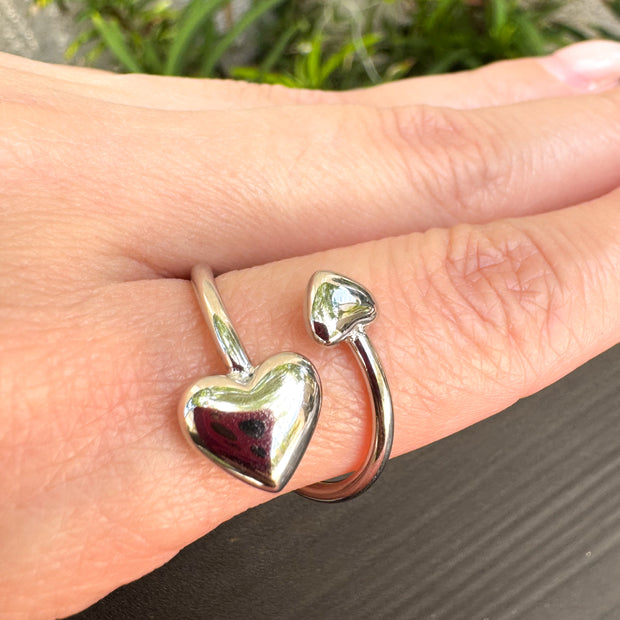 Stainless Steel Ring Adjustable Silver Hearts