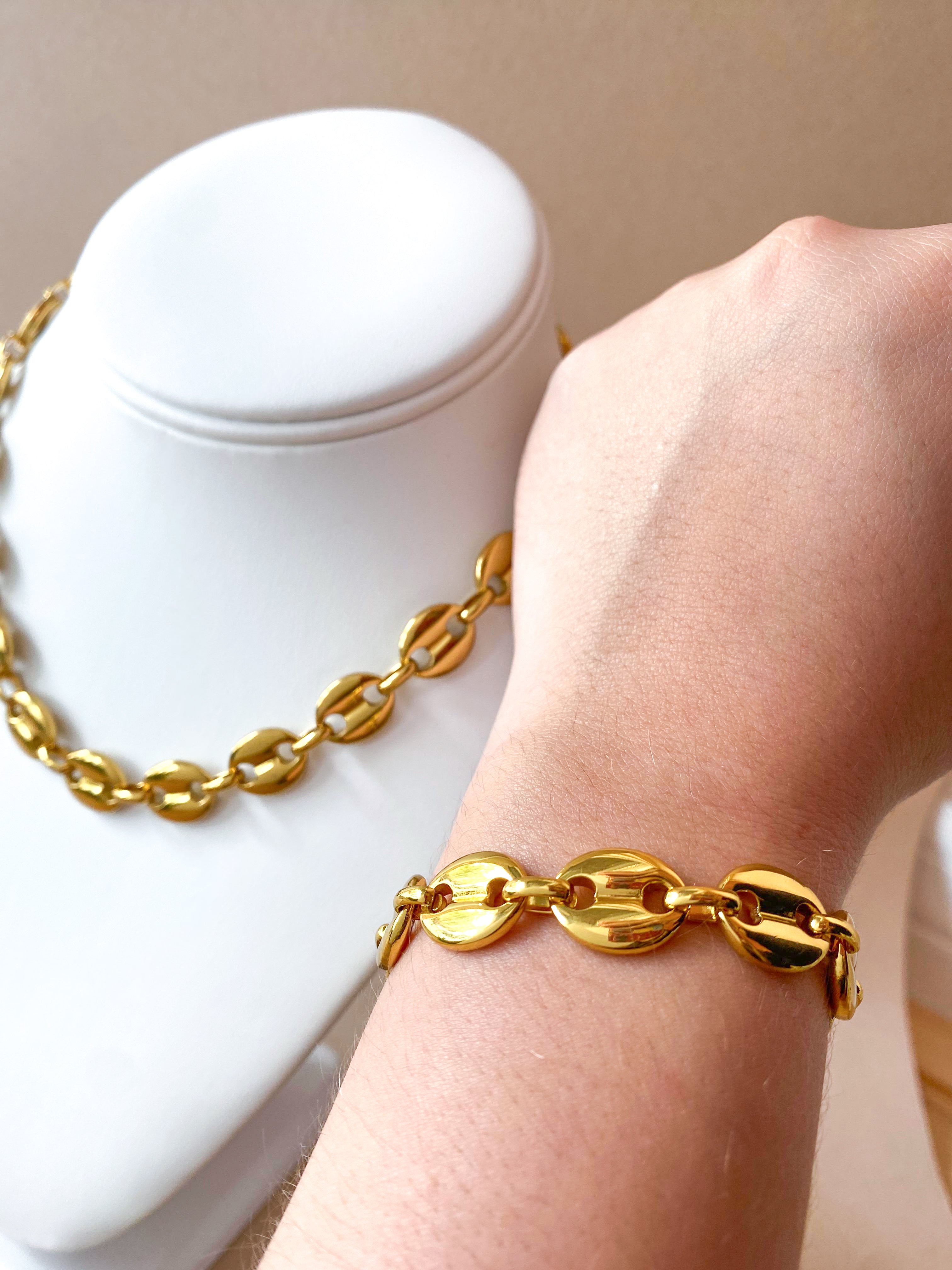 Golden Steel Coffee Grain Big Bracelet & Necklace