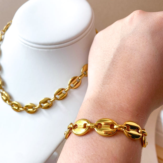 Golden Steel Coffee Grain Big Bracelet & Necklace