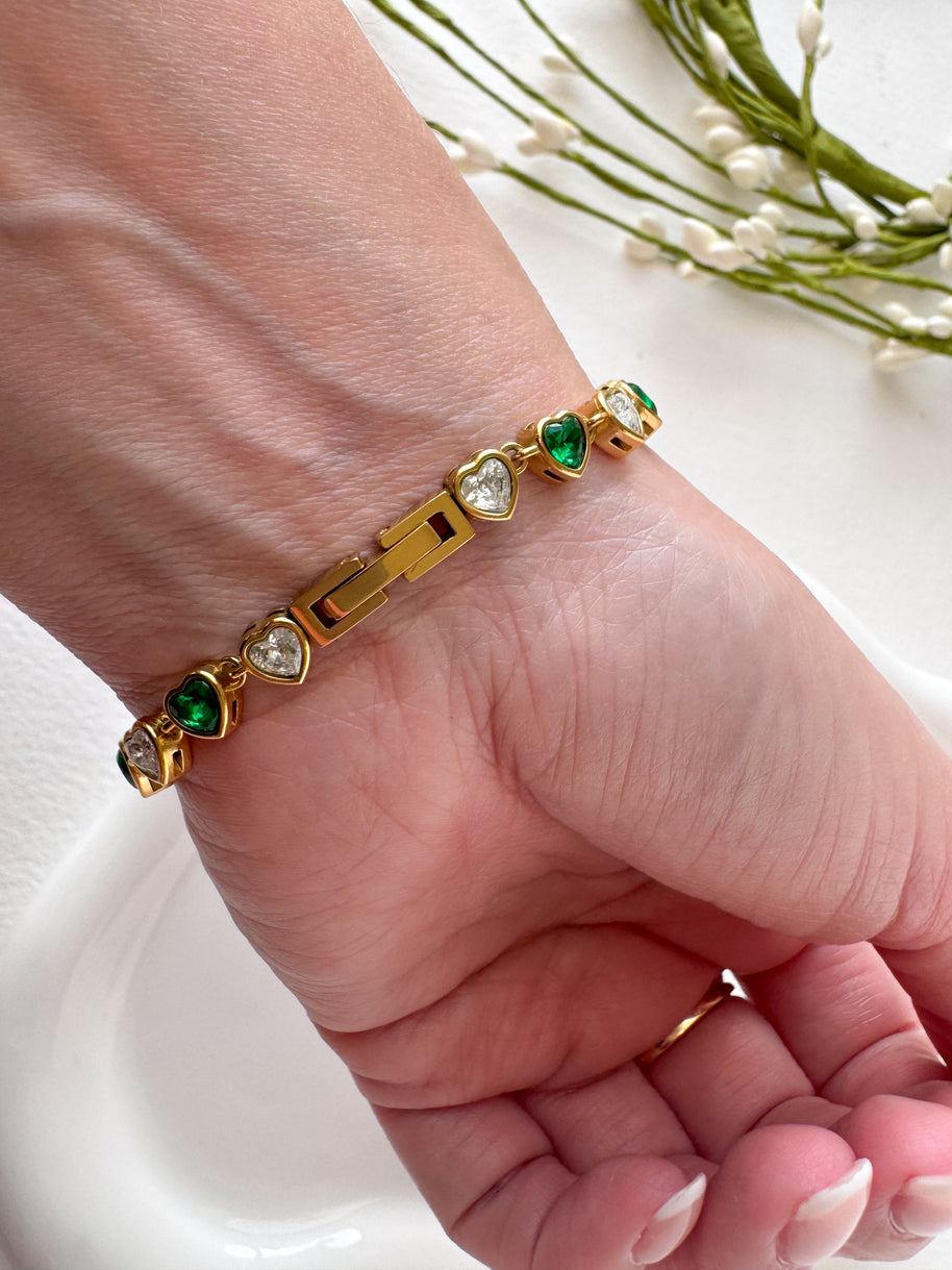 White & Green Hearts Crystal Shape Steel Golden Bracelet