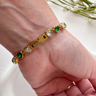 White & Green Hearts Crystal Shape Steel Golden Bracelet