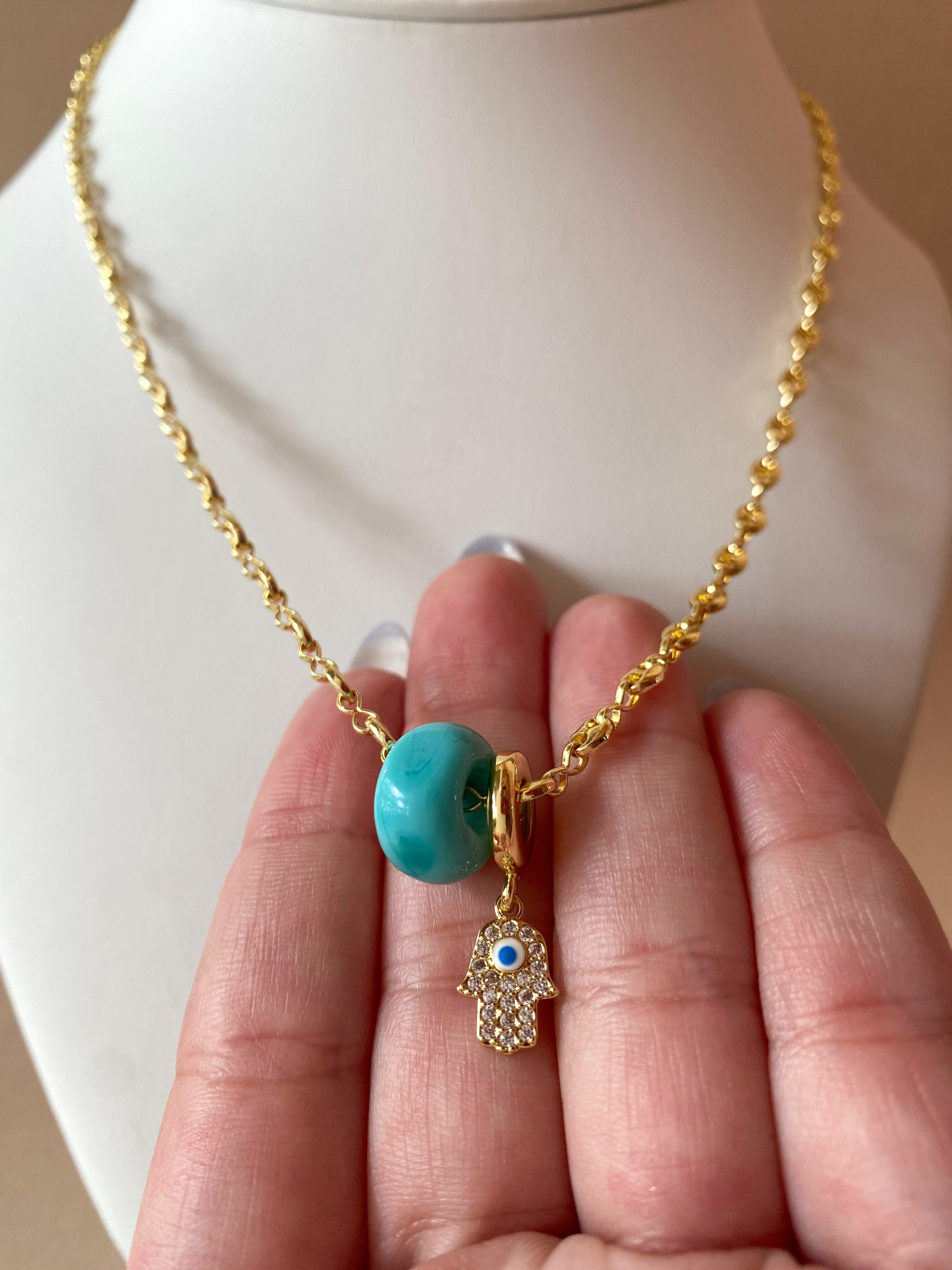 Blue Turkish and Hamsa Evil Eye Charm in Coffee Grain Necklace