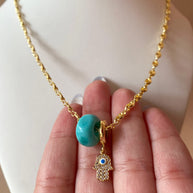 Blue Turkish and Hamsa Evil Eye Charm in Coffee Grain Necklace