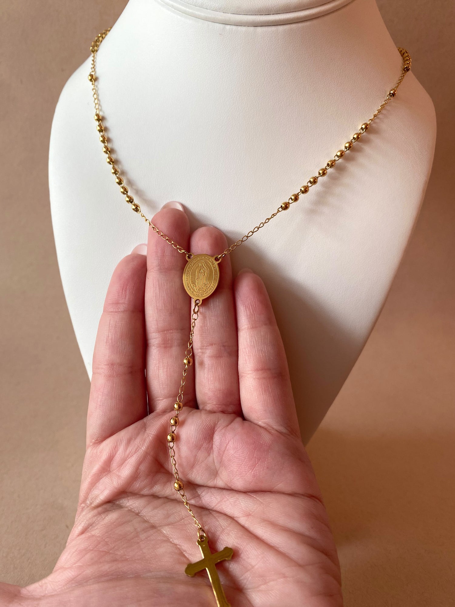 Golden Steel Guadalupe Virgin Rosary Necklace