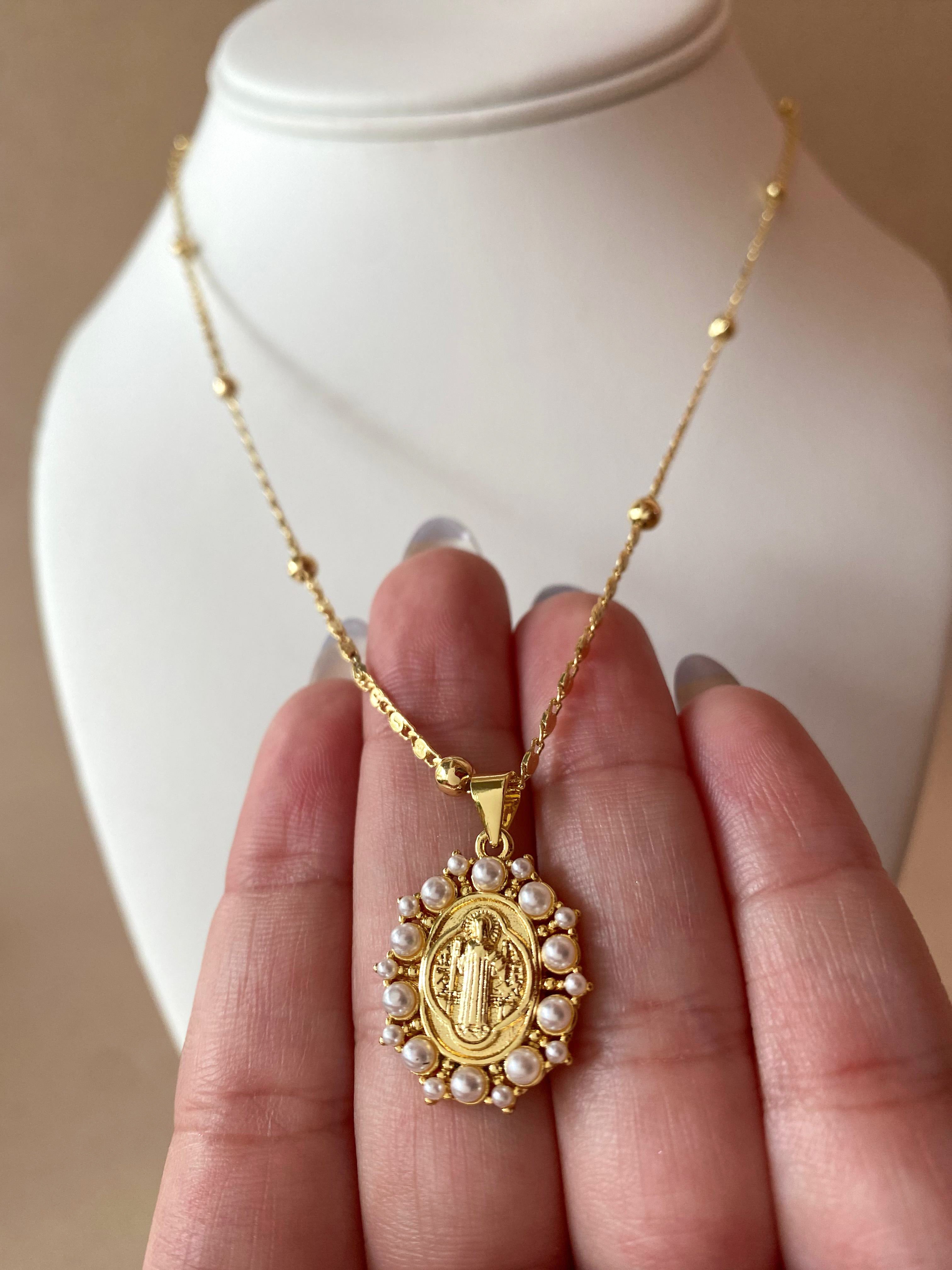 St Benedict Medal in Pearls Oval Charm Necklace