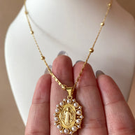St Benedict Medal in Pearls Oval Charm Necklace