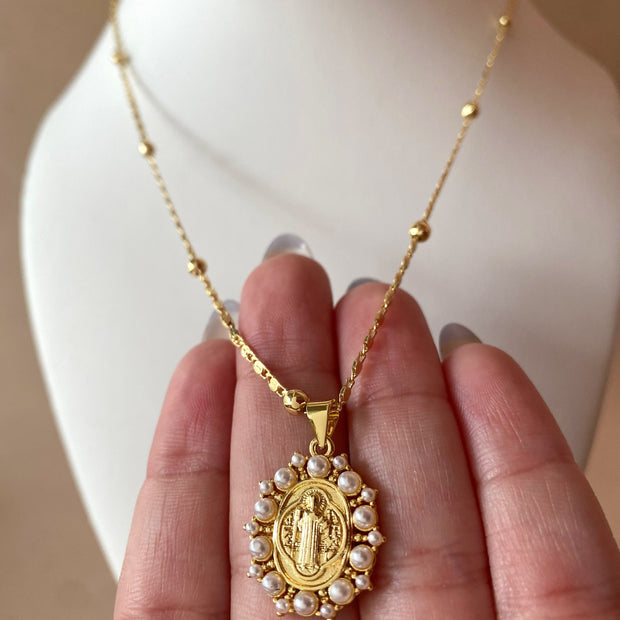 St Benedict Medal in Pearls Oval Charm Necklace
