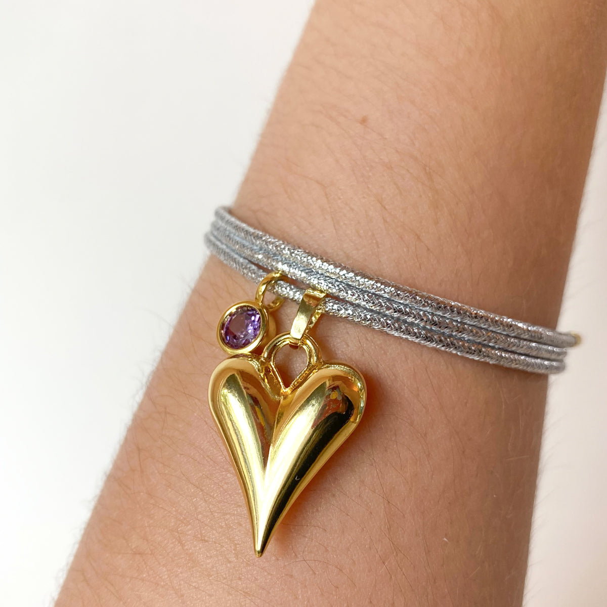 Adjustable Shiny Silver Magnetic Cord Heart and Purple Crystal Bracelet/Necklace