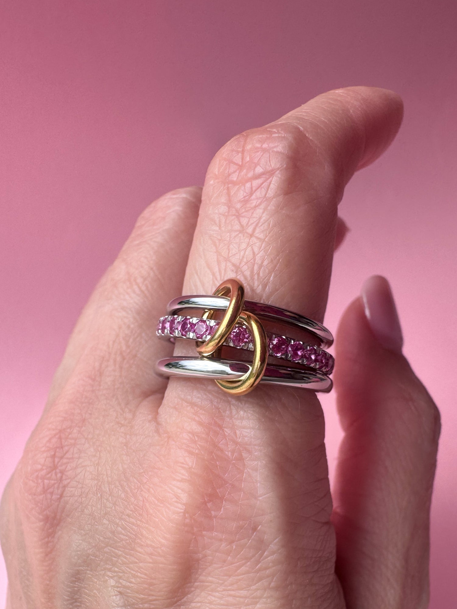 Silver & Gold Pink Crystal Steel Ring