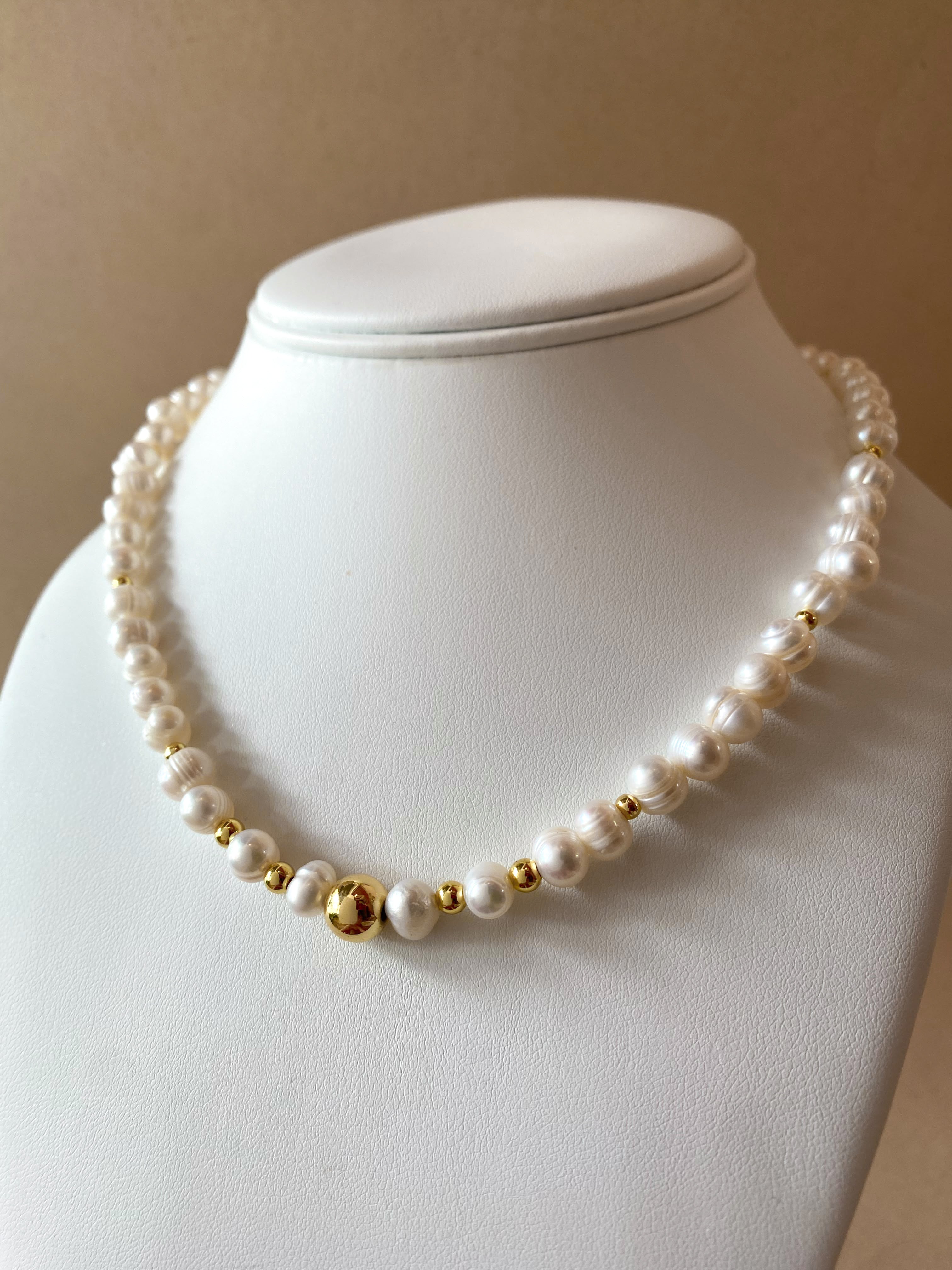 Medium Real Pearls and Golden Ball Necklace