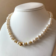 Medium Real Pearls and Golden Ball Necklace