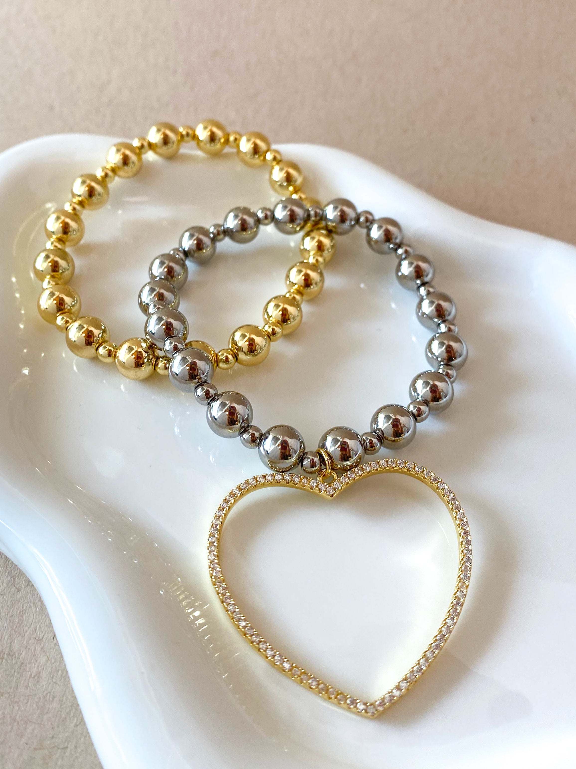Silver & Gold Big Heart Elastics Bracelets