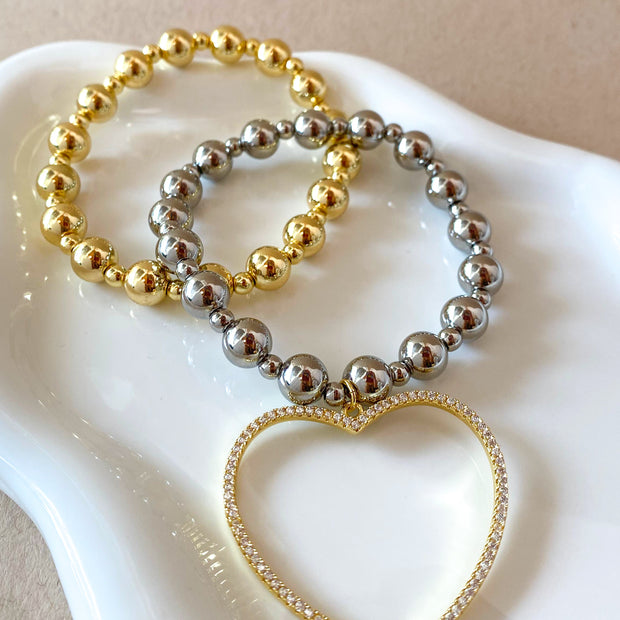 Silver & Gold Big Heart Elastics Bracelets