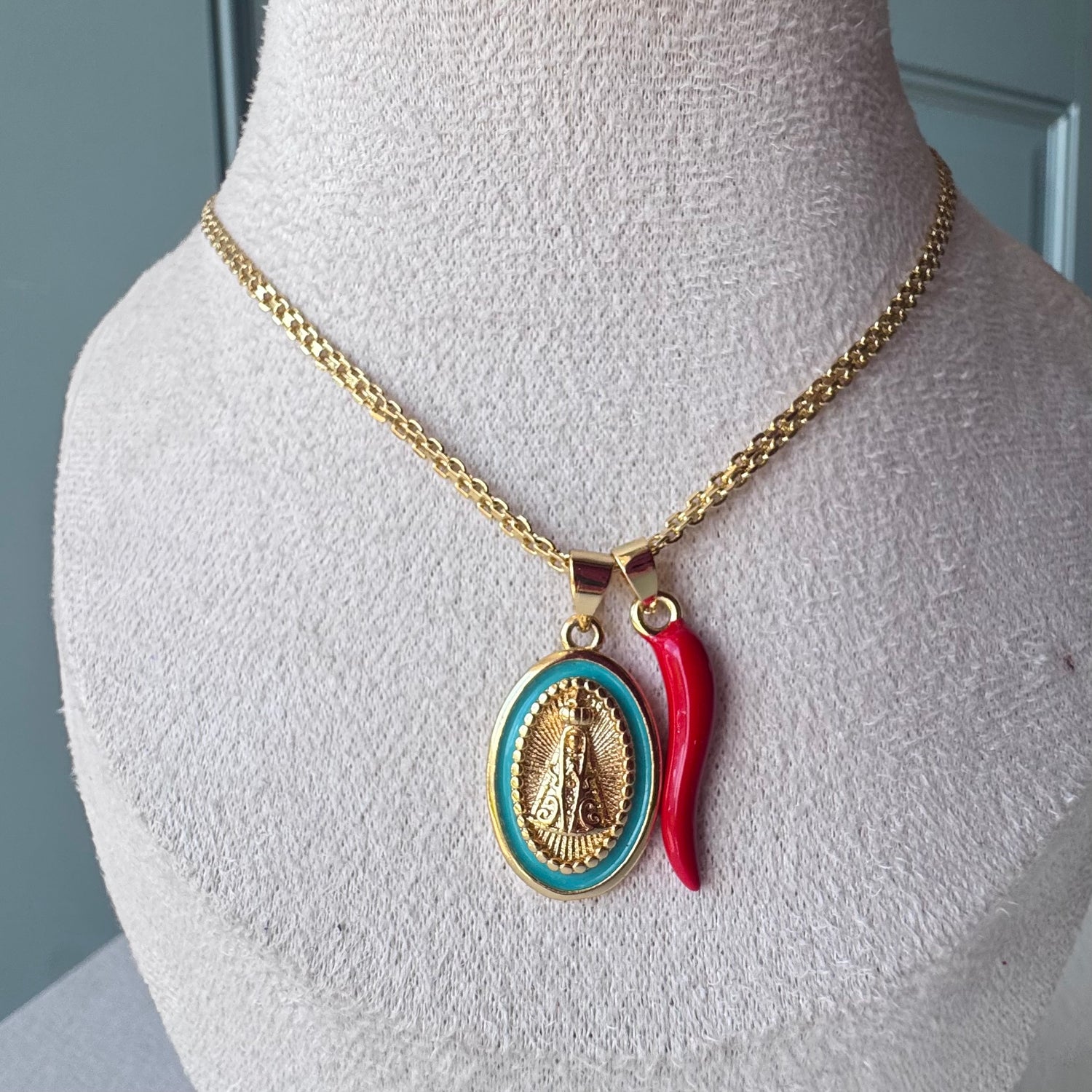 Virgin of the Valley Red Horn Chinese Fabric Chain Necklace