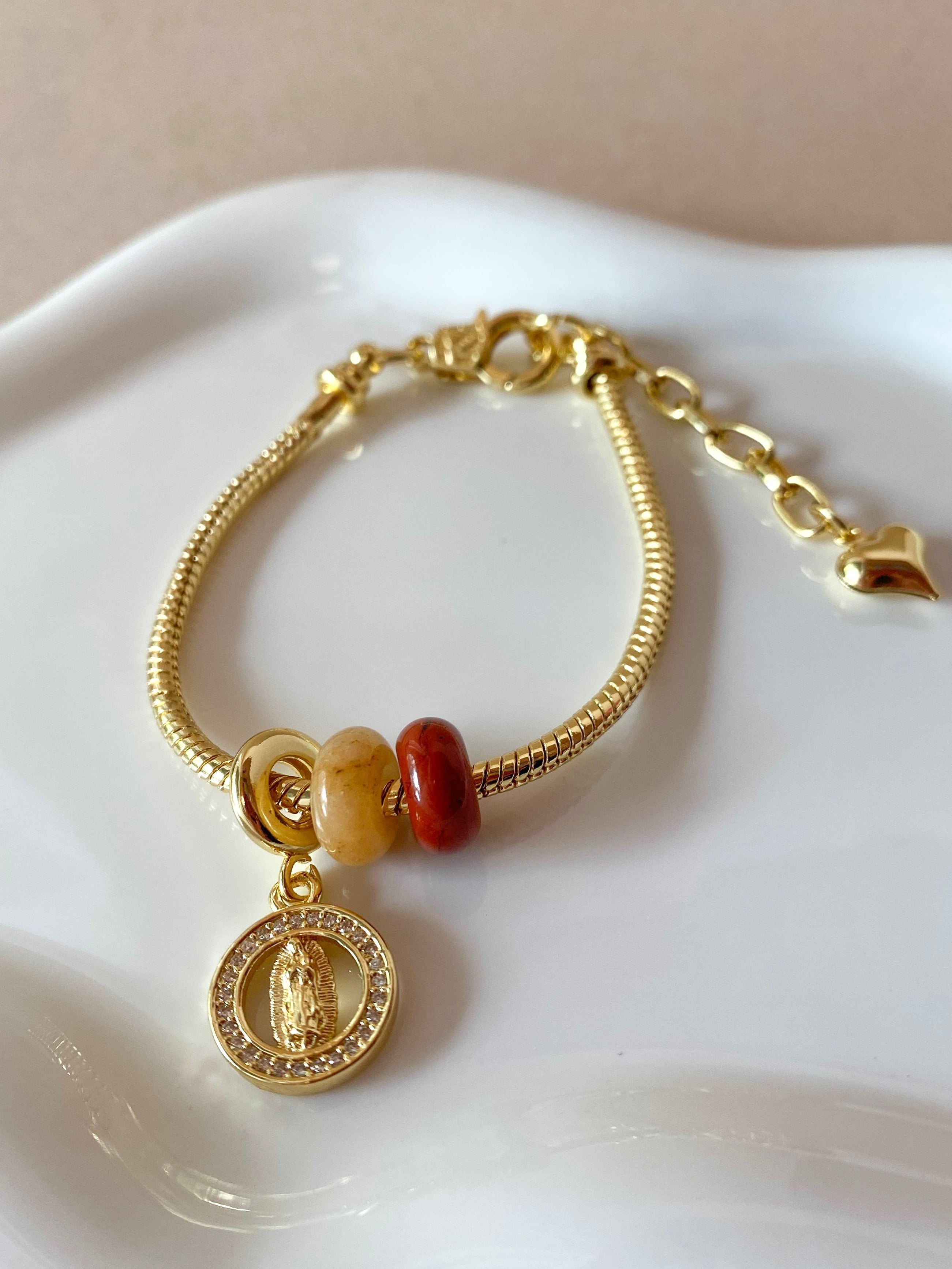 Guadalupe Virgin Circular Medal and Turkish Stone Charms Bracelet