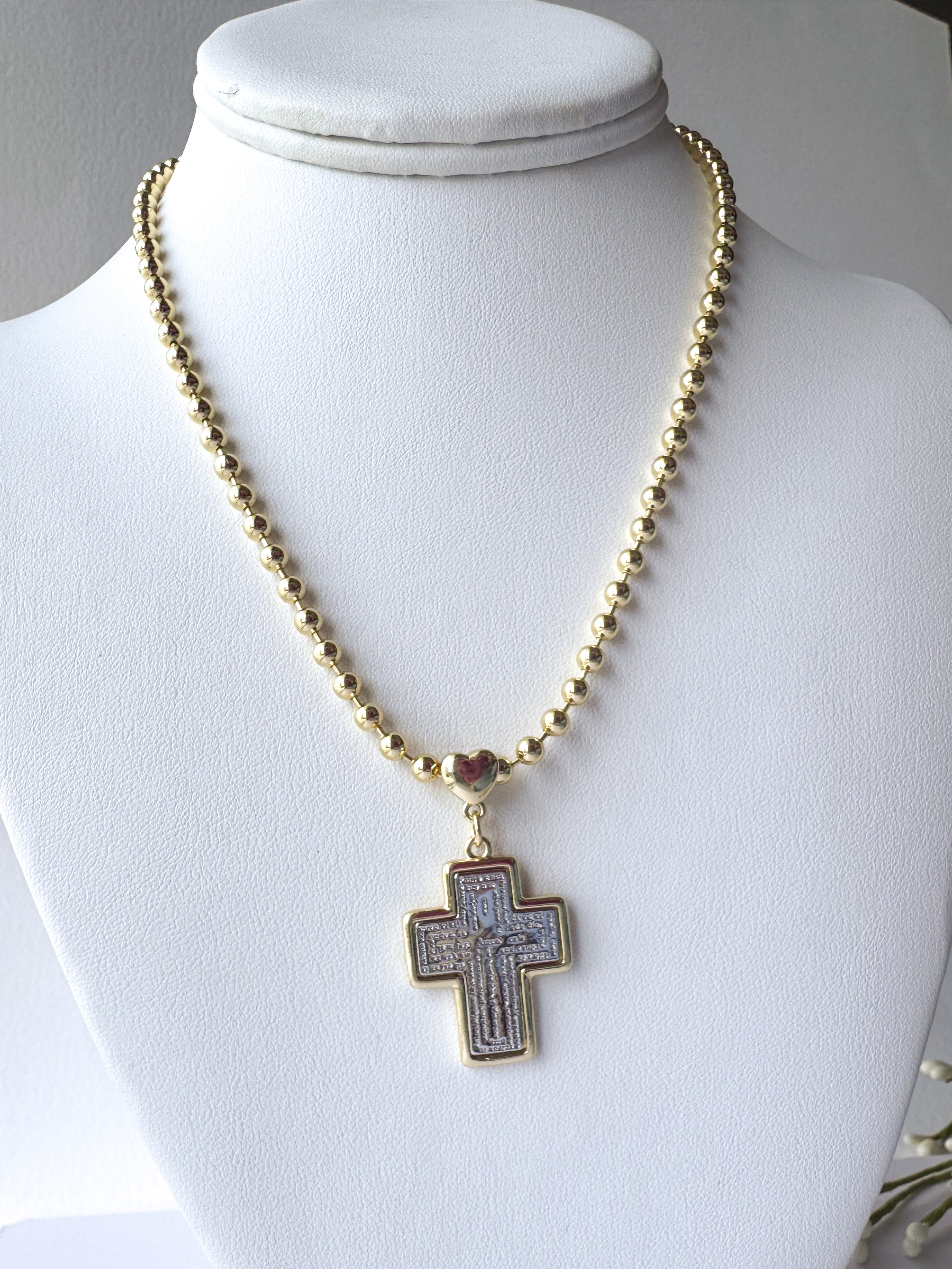 Our Father Cross Heart Style Medal Necklace