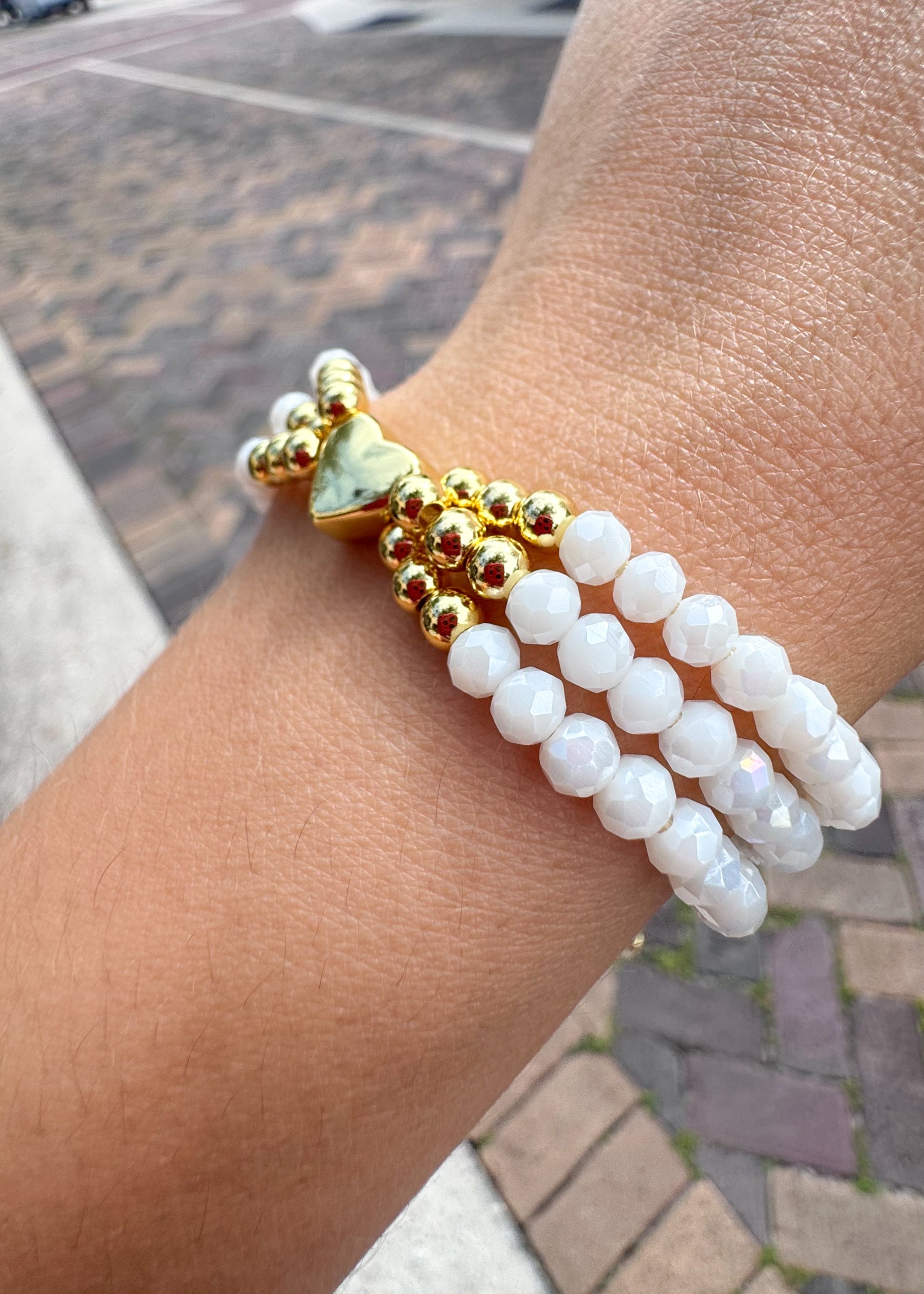 White Crystals 3 Layers Heart Adjustable Bracelet