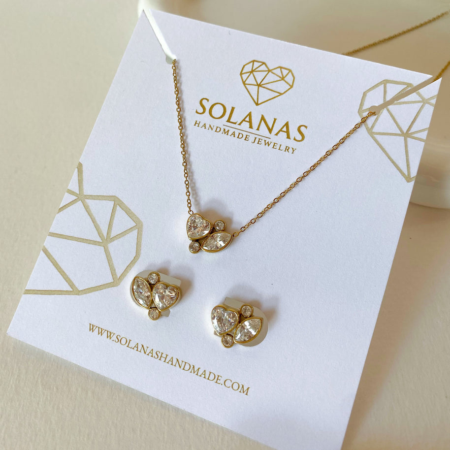 Golden Zircons Heart Style Necklace or Earrings