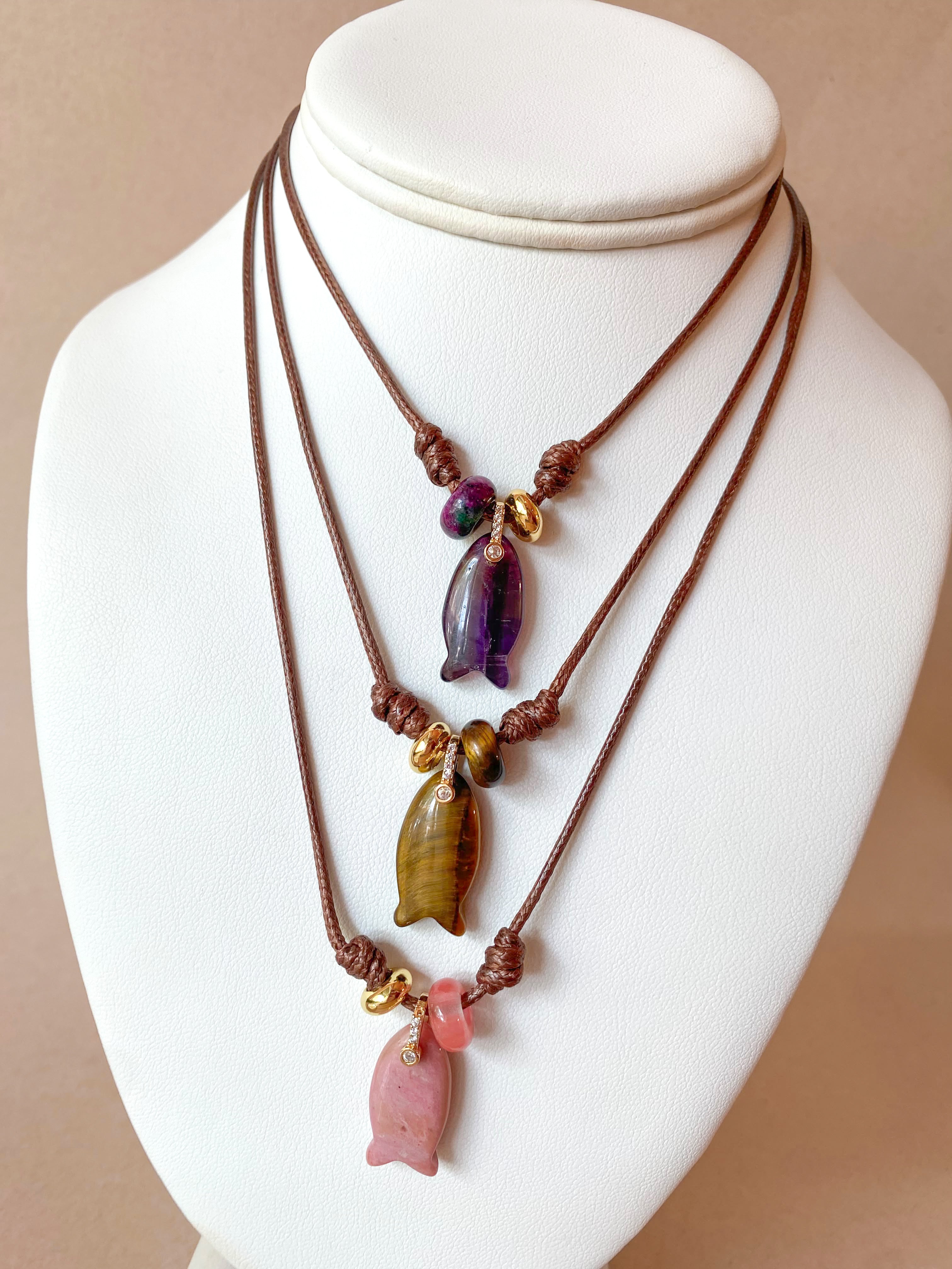 Gemstones Fish Charms and Turkish Leather Necklace