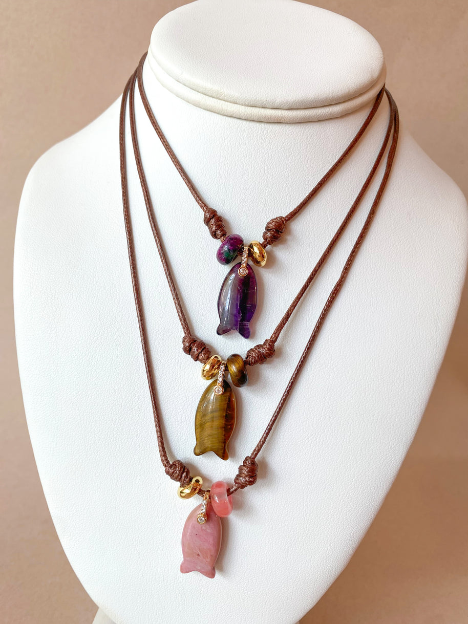 Gemstones Fish Charms and Turkish Leather Necklace