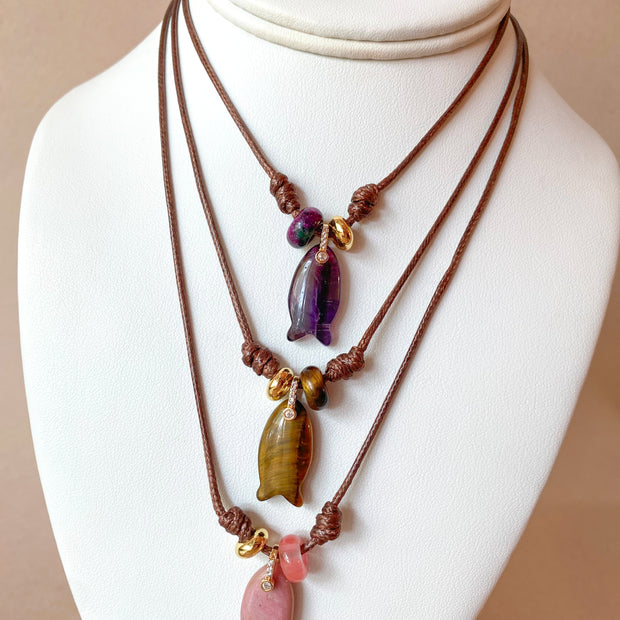 Gemstones Fish Charms and Turkish Leather Necklace