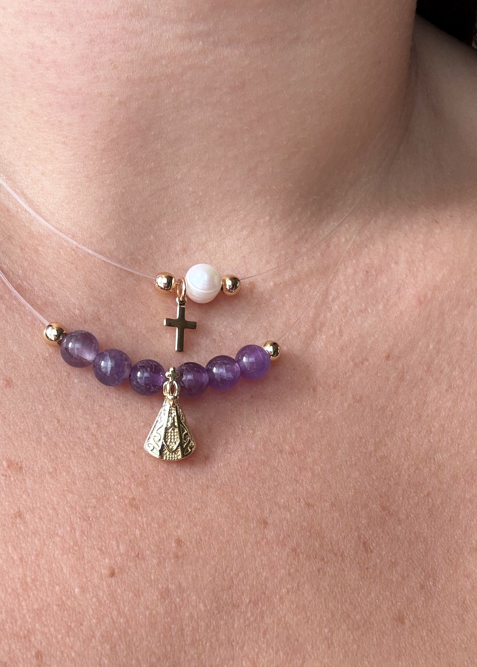Pearl and Cross, Purple Virgin of the Valley Ghost Necklaces