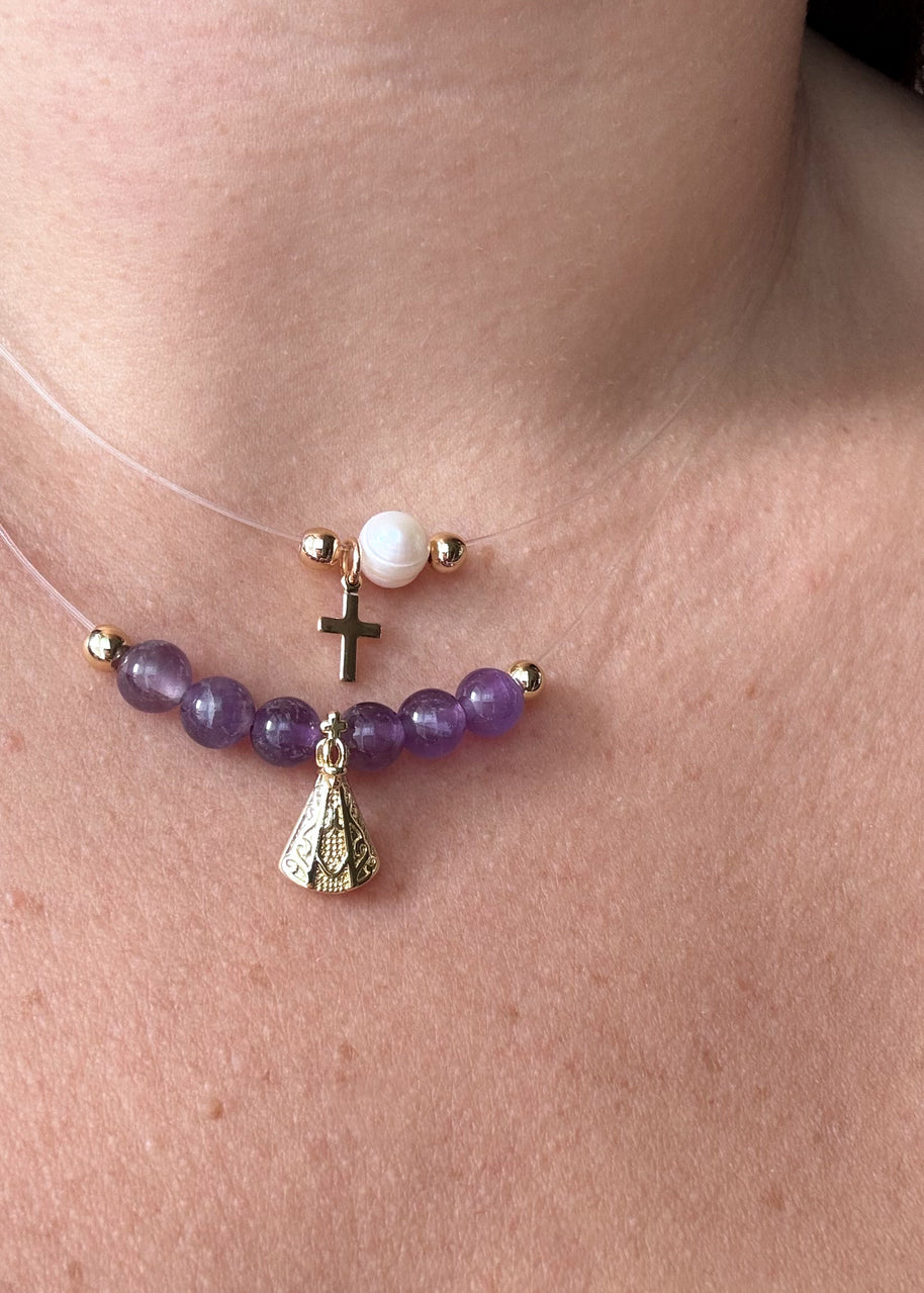 Pearl and Cross, Purple Virgin of the Valley Ghost Necklaces