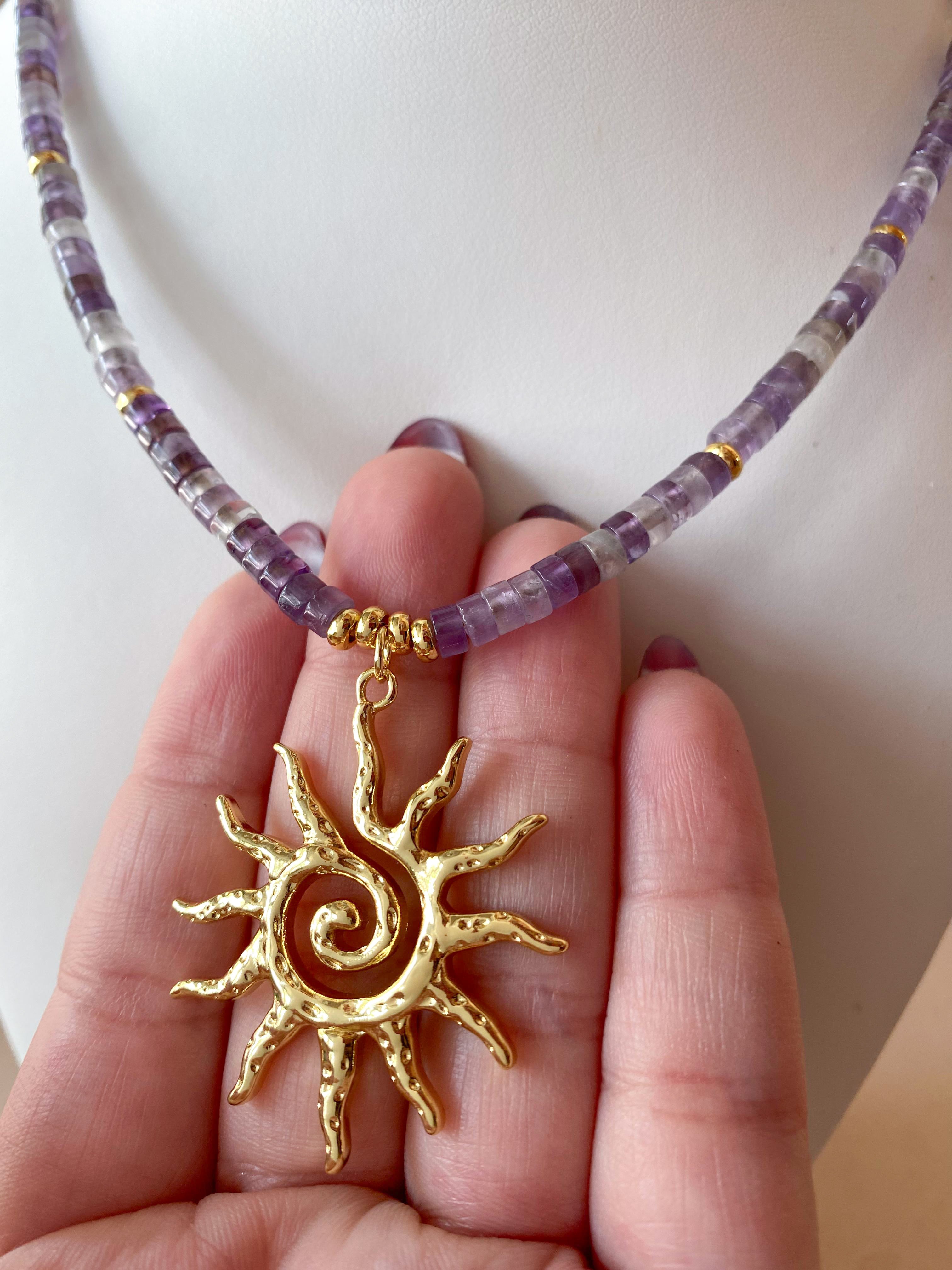 Big Golden Sun Charm in a Amethyst Necklace
