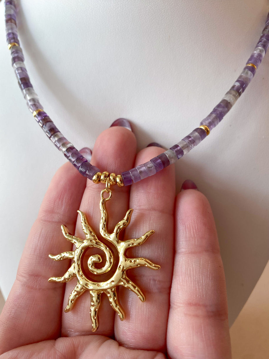 Big Golden Sun Charm in a Amethyst Necklace