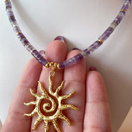 Big Golden Sun Charm in a Amethyst Necklace