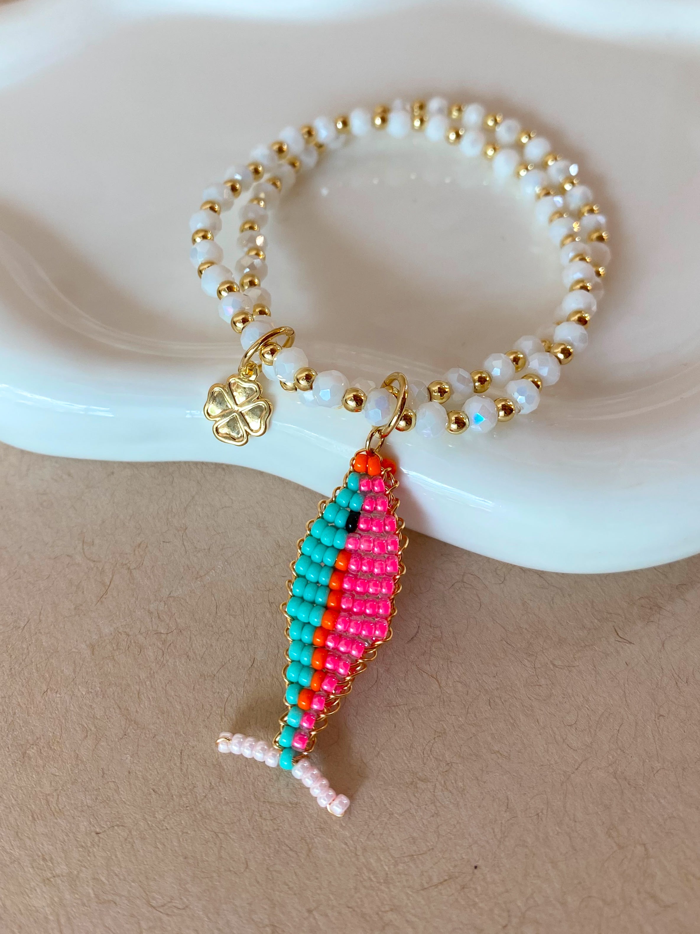 Pink and Blue Miyuki Fish Clover Elastic White Bracelet