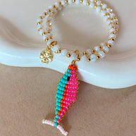 Pink and Blue Miyuki Fish Clover Elastic White Bracelet