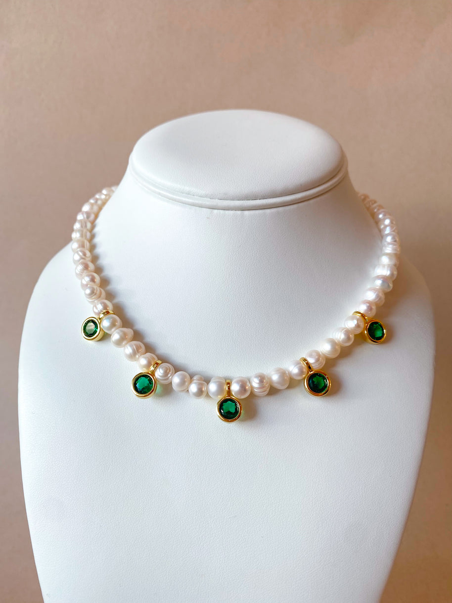 Pearls and Green Crystal Necklace