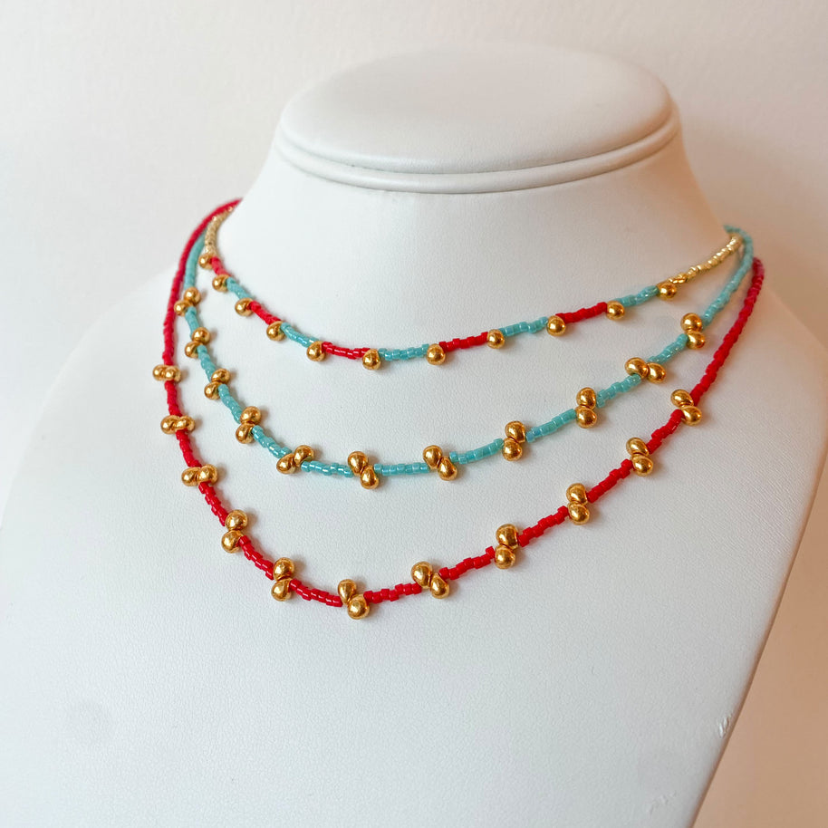 Red and Turquoise Blue Golden Miyuki Choker Necklace