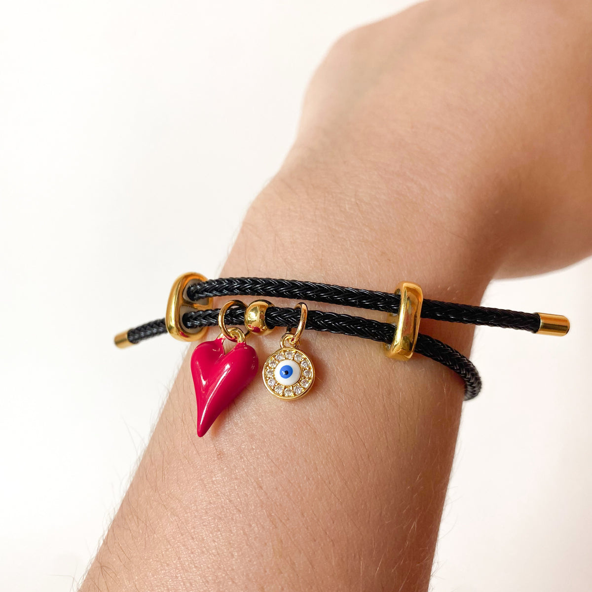 Red Bombom Mini Heart and Evil Eye Adjustable Black Cord Bracelet