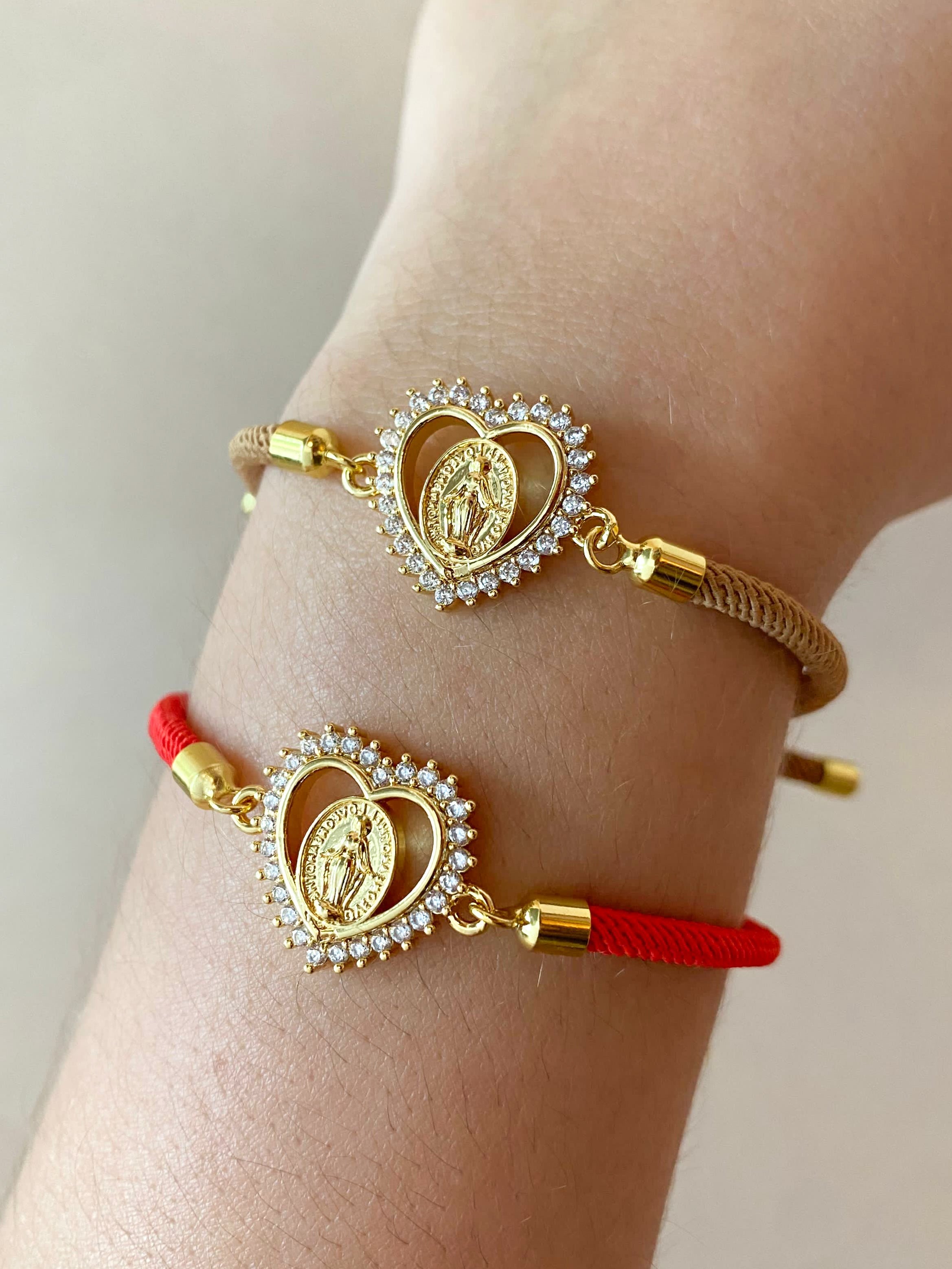 Crystals Guadalupe Heart Shape Charm Red or Brown Adjustable Bracelets