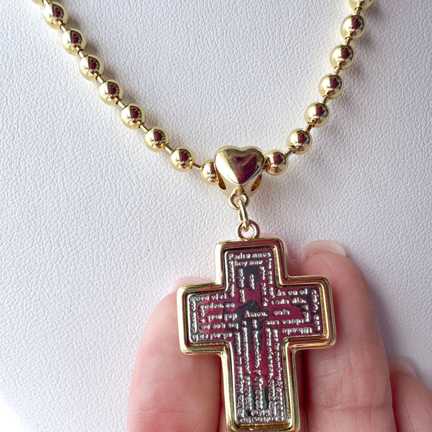 Our Father Cross Heart Style Medal Necklace