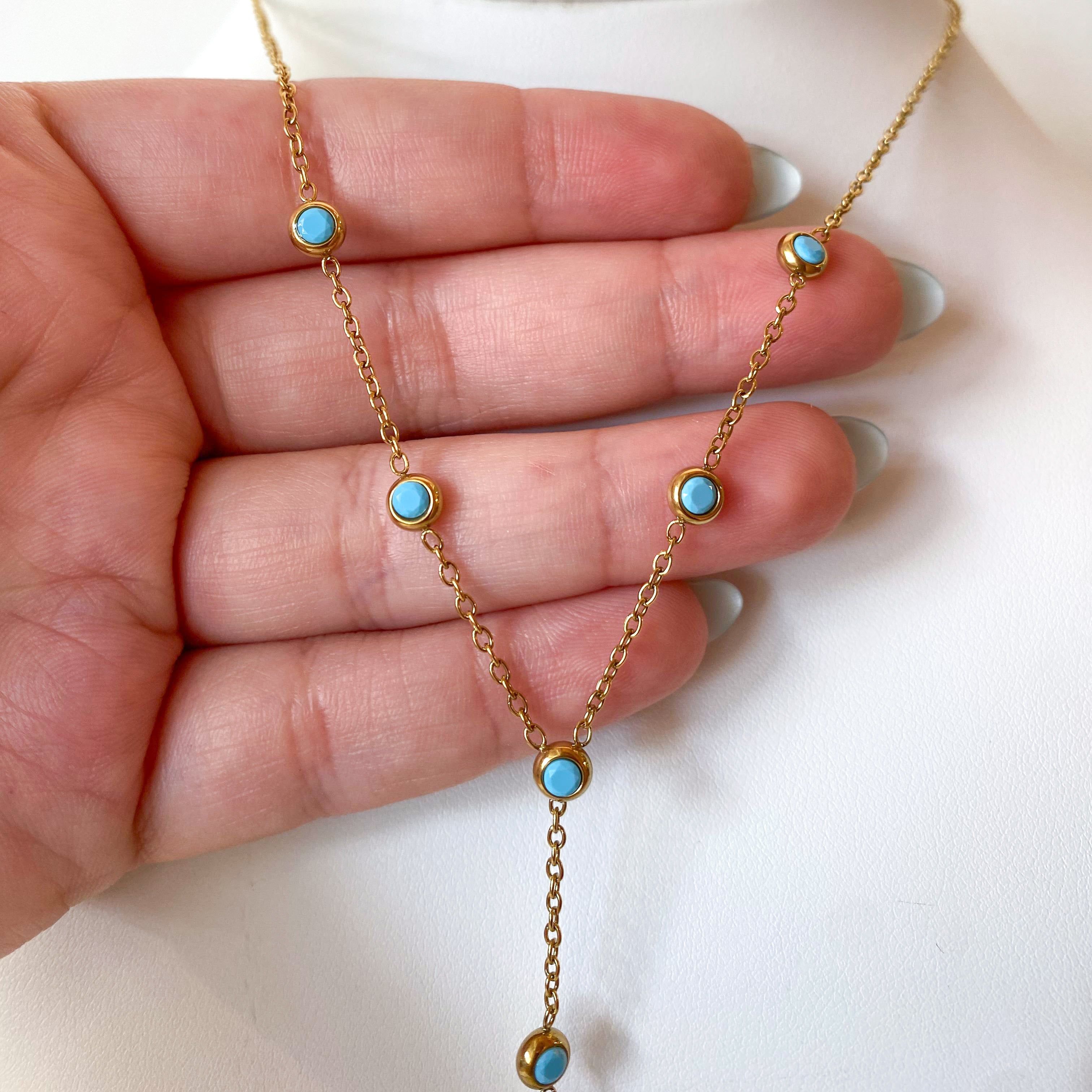 Blue Drop Y Style Steel Necklace