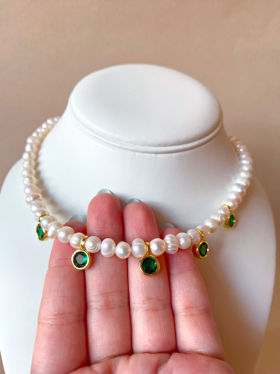 Pearls and Green Crystal Necklace