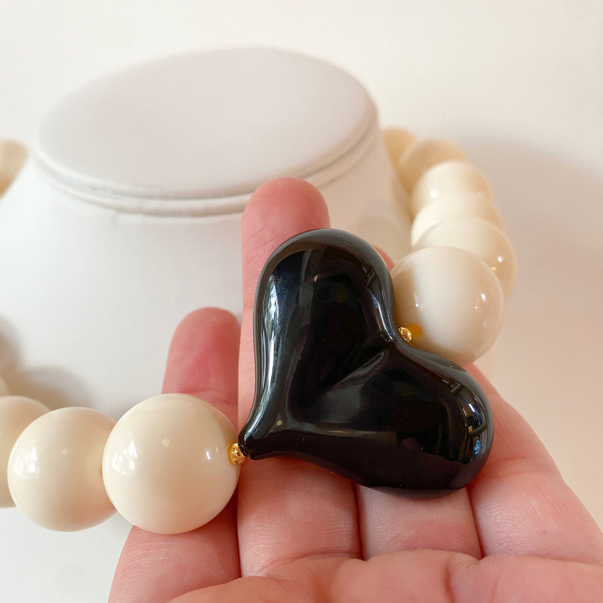 Acrylic White Gumball Bead with Black Heart Necklace