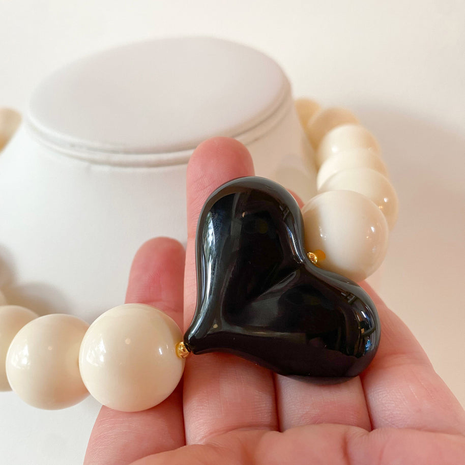 Acrylic White Gumball Bead with Black Heart Necklace