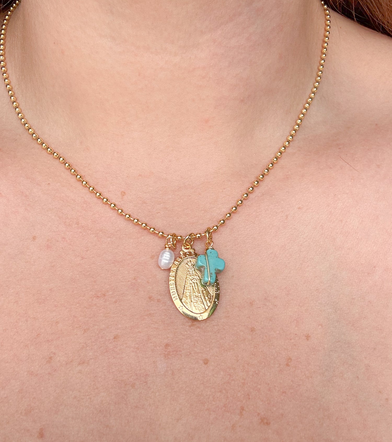 Cadena Virgen Del Valle Cruz Turquesa + Perla