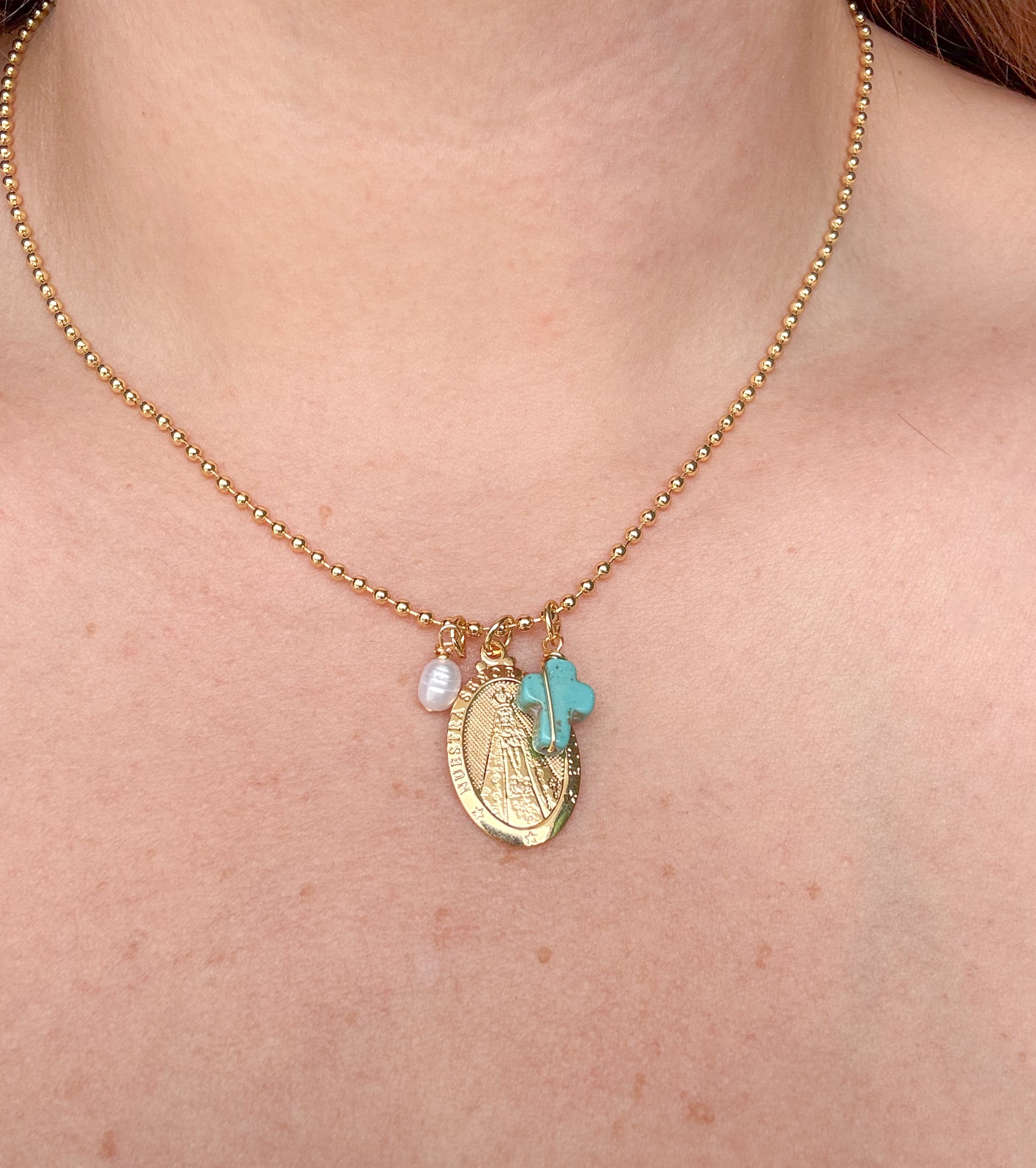 Cadena Virgen Del Valle Cruz Turquesa + Perla