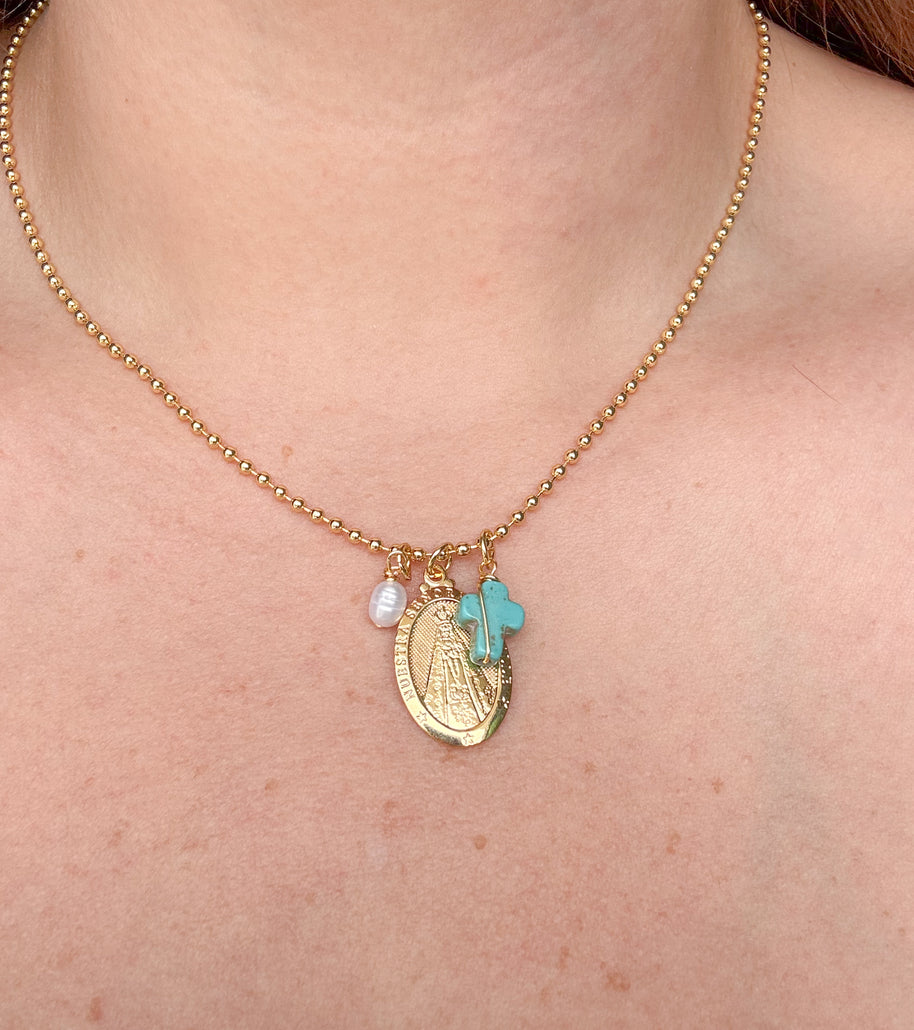 Cadena Virgen Del Valle Cruz Turquesa + Perla