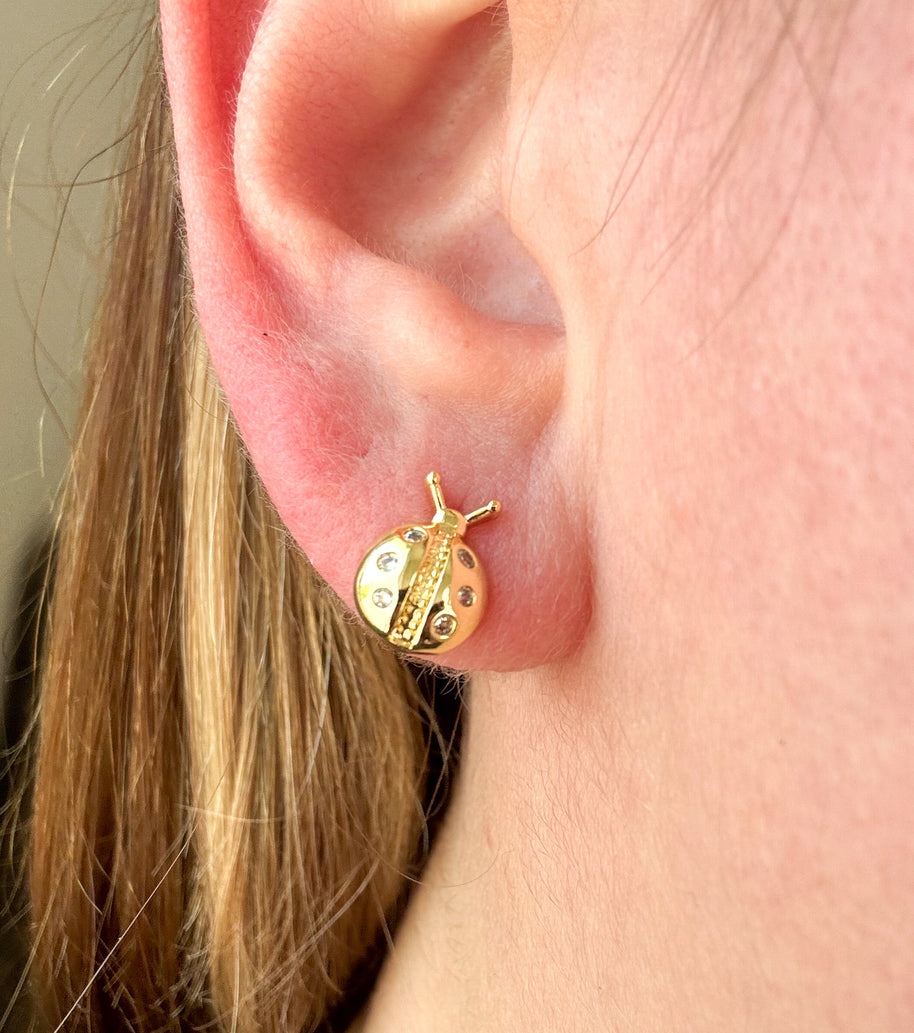 Golden Crystal Ladybug Earrings
