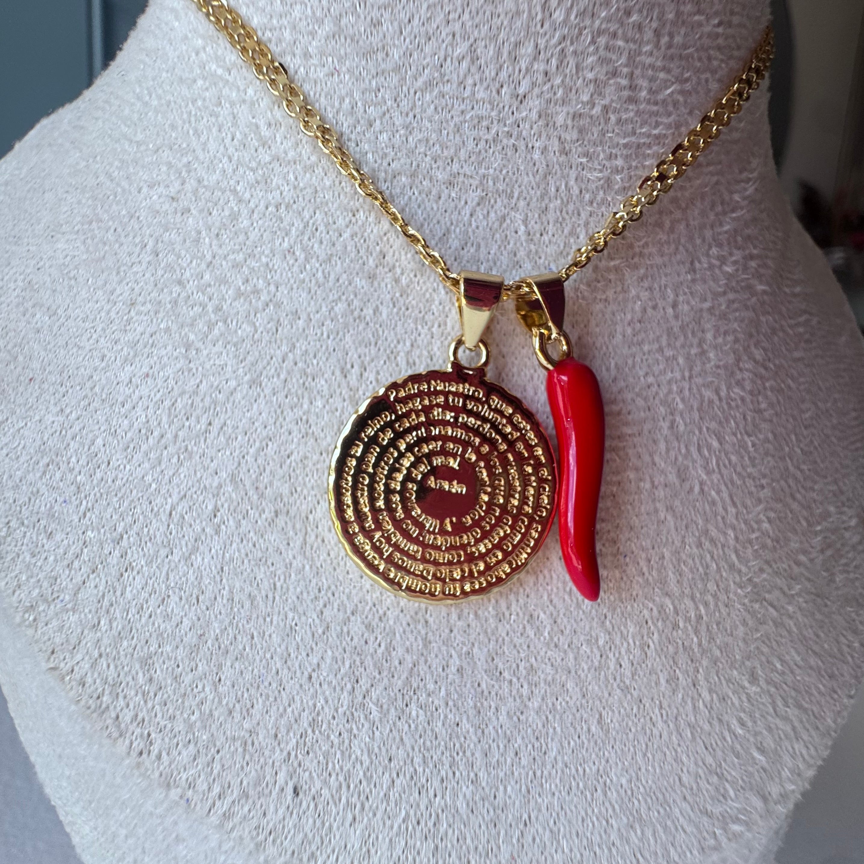 Our Father and Red Horn Chinese Fabric Chain Necklace
