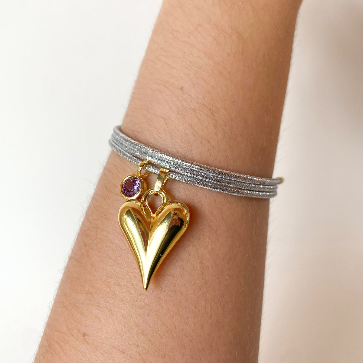 Adjustable Shiny Silver Magnetic Cord Heart and Purple Crystal Bracelet/Necklace