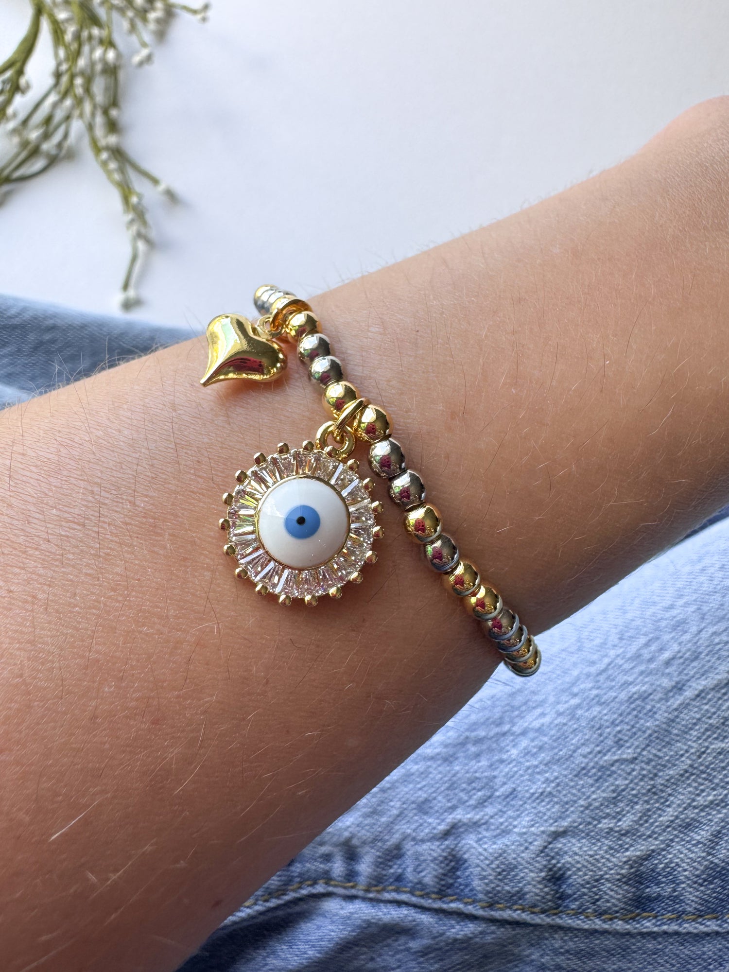 Shiny Evil Eye & Heart Elastic Bracelet