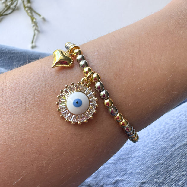 Shiny Evil Eye & Heart Elastic Bracelet