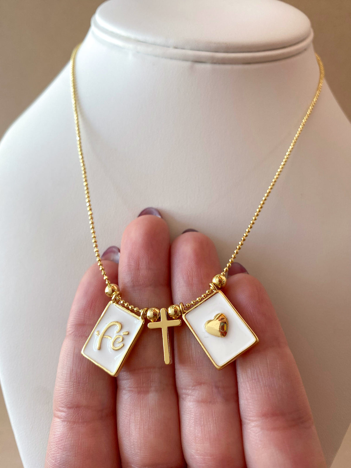 Faith Heart White Scapular with Golden Cross Necklace
